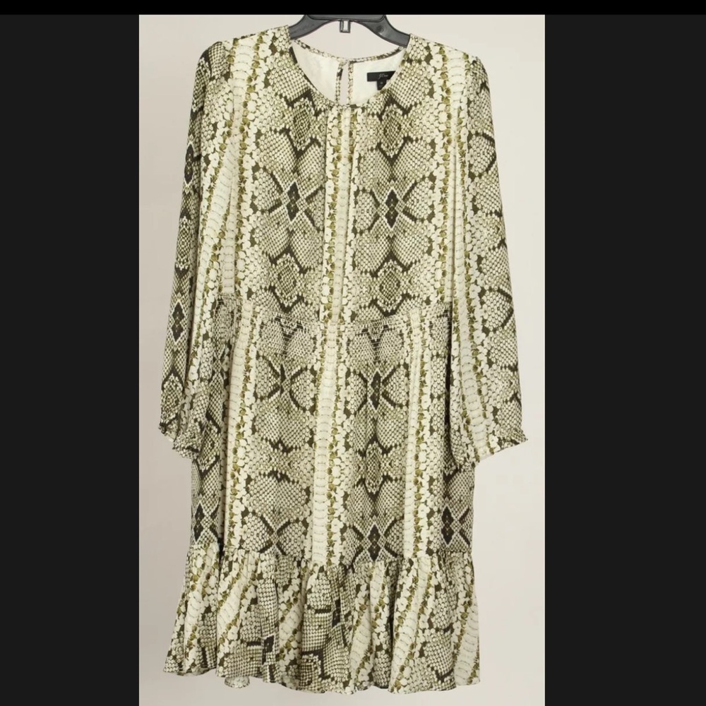 J. Crew Women’s Dress Medium Green Snake Print A Line Long Sleeve Elastic Waist
